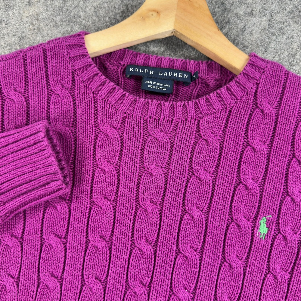 Ralph Lauren Sweater Womens Small Purple 100% Cotton Cable Knit Crewneck Pony